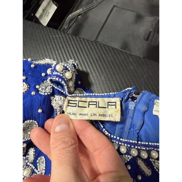 Vintage Silk Cocktail Dress Blue Sequin Beaded Avant Garde - Scala Size Med/Lrg - Picture 4 of 16